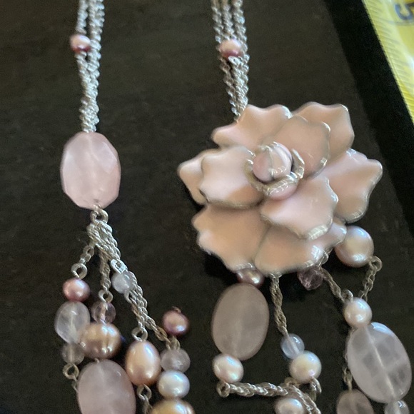 Anne Taylor gorgeous pink enamel, quartz,pearl costume necklace and brooch BNWT - Picture 8 of 8